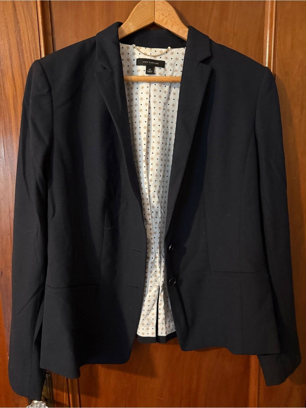Ann Taylor Navy Blue Notched Collar Tailored Blazer Careerwear Jacket 12 Stretch